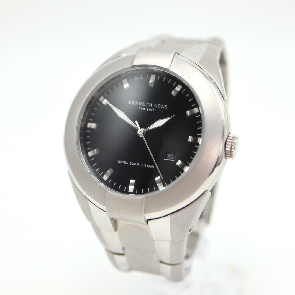 Kenneth Cole Mens Silver Tone Watch 42mm Black Date Dial Stainless Steel KC3393